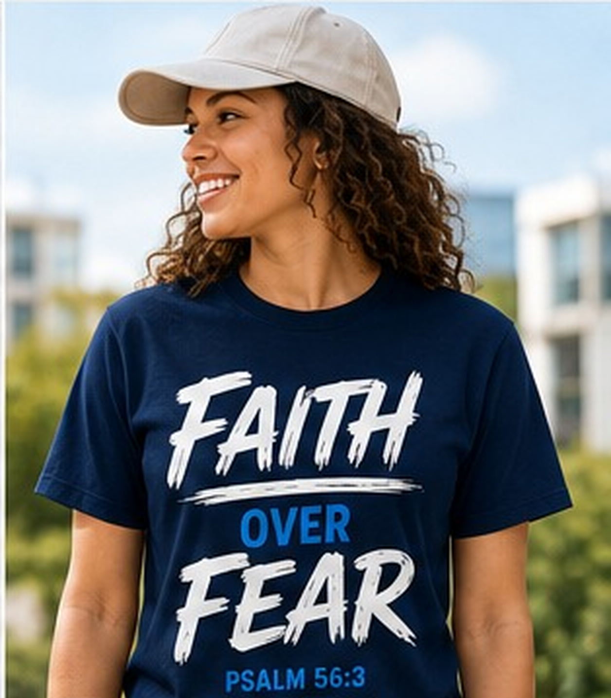 Woman wearing a Faith Over Fear T-shirt
