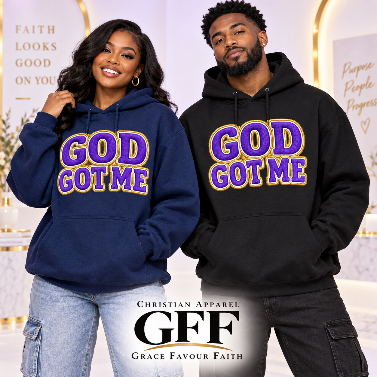 Models wearing navy and black God Got Me hoodies