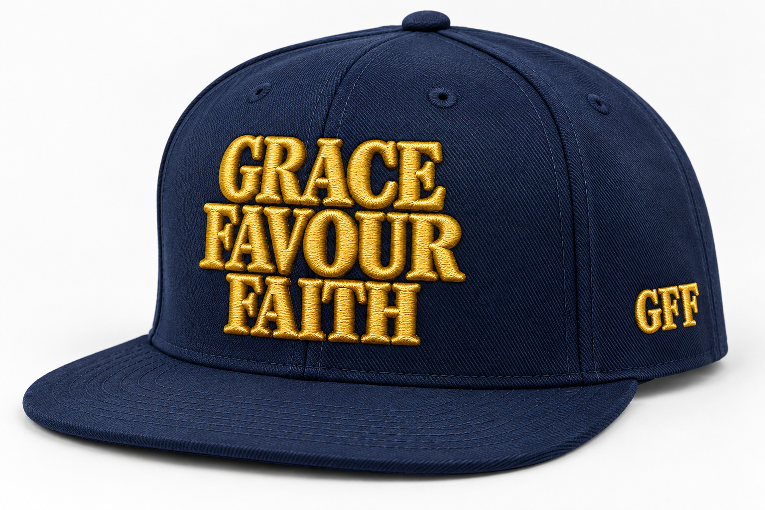 Navy Grace Favour Faith cap with gold embroidery